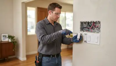 Electrician installing programmable dimmers and a lighting controller in a Long Beach, CA home