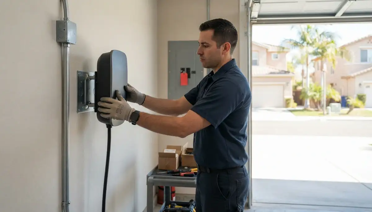 Electrician installing a wall-mounted EV charger with dedicated circuit and conduit in Long Beach, CA