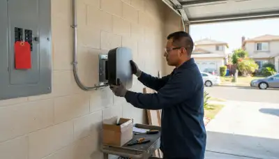 Electrician installing a Level 2 EV charger in a Compton, CA garage