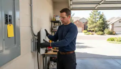 Electrician installs an EV charger on a home electrical panel in Lakewood, CA