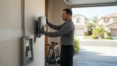 Electrician installs a wall-mounted 240-volt EV charger in a Paramount, CA garage
