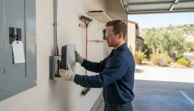 Electrician installing a wall-mounted EV charger in a Rancho Palos Verdes, CA garage