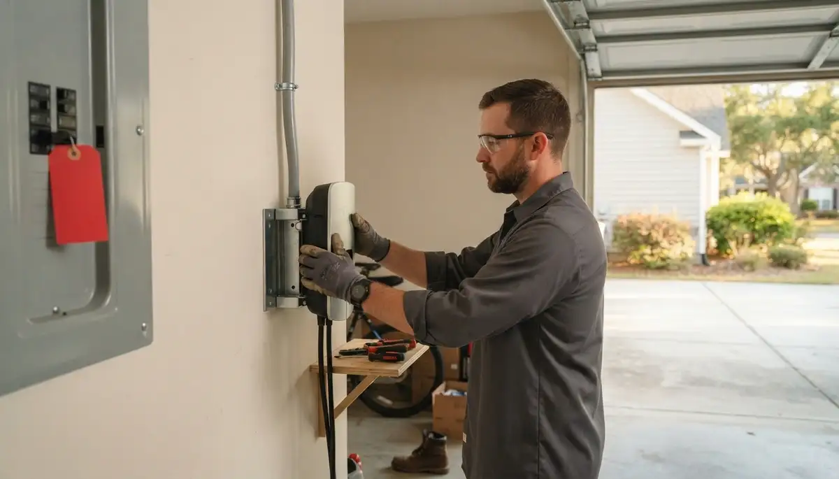 Electrician installing an EV charger with new breaker and conduit in Wilmington, CA