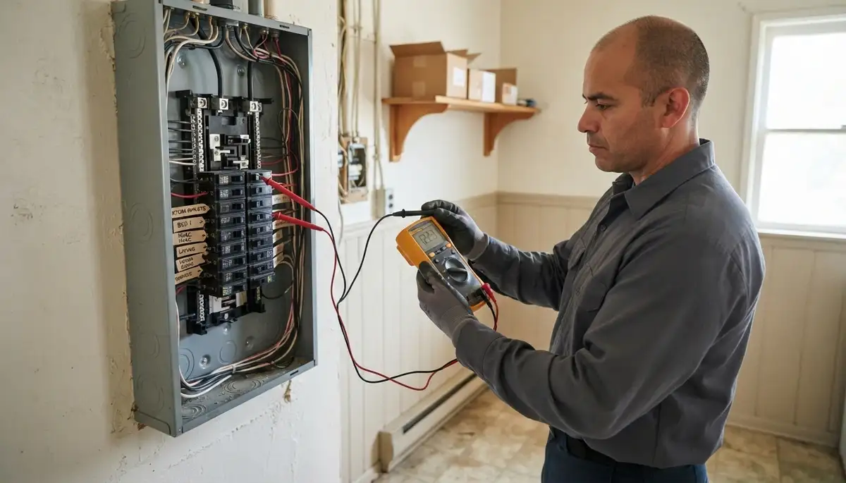 Electrician testing voltage and polarity on a new electrical panel in Long Beach, CA