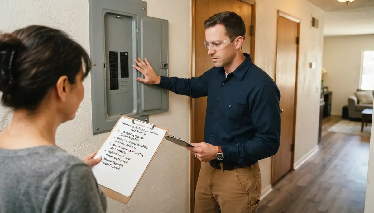 Electrician reviews home energy audit findings beside an electrical panel in Long Beach, CA