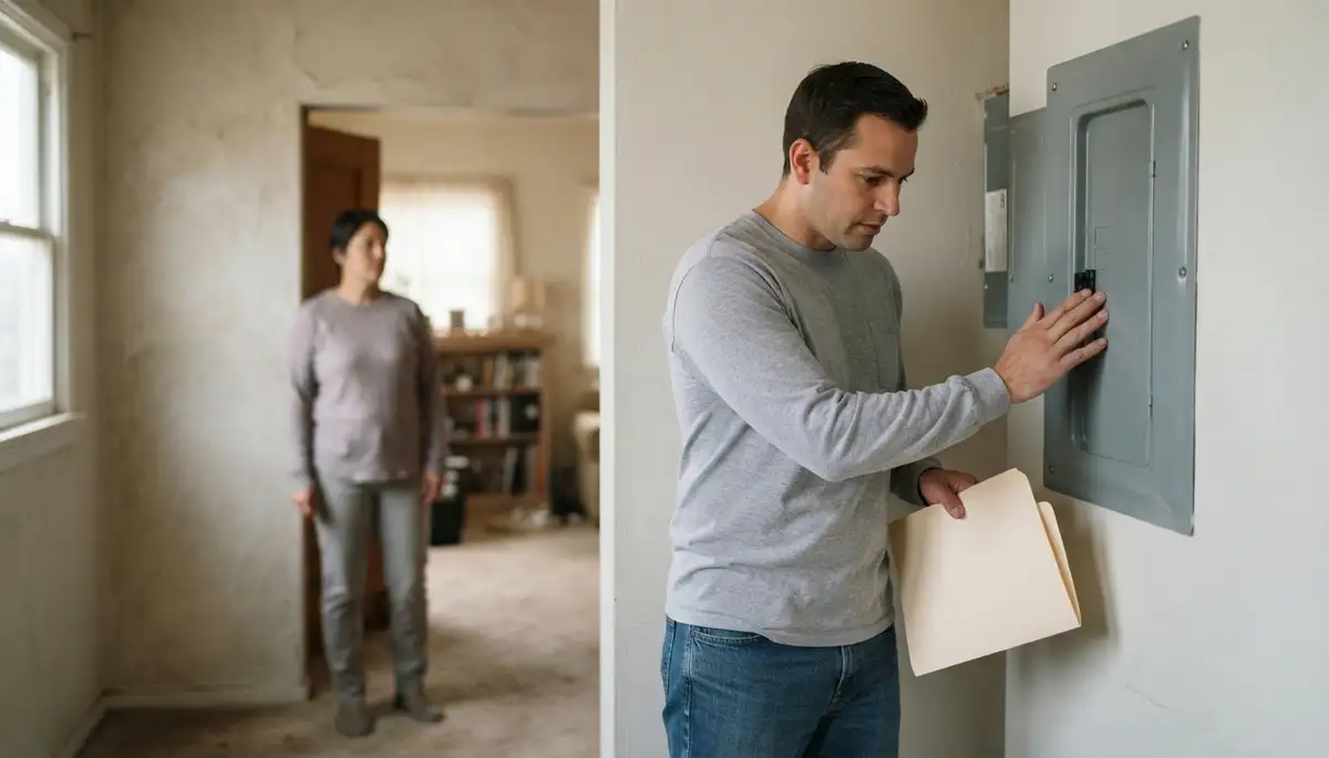 Long Beach, CA electrician reviews home electrical inspection findings with homeowner beside a closed panel
