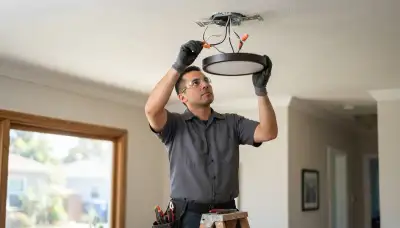 Electrician installs and wires a ceiling light fixture in a Long Beach, CA home