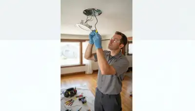 Electrician installing lighting fixtures and connecting ceiling wiring in a Long Beach, CA home