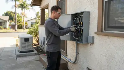 Electrician wiring a generator transfer switch for safe backup power in a Long Beach, CA home