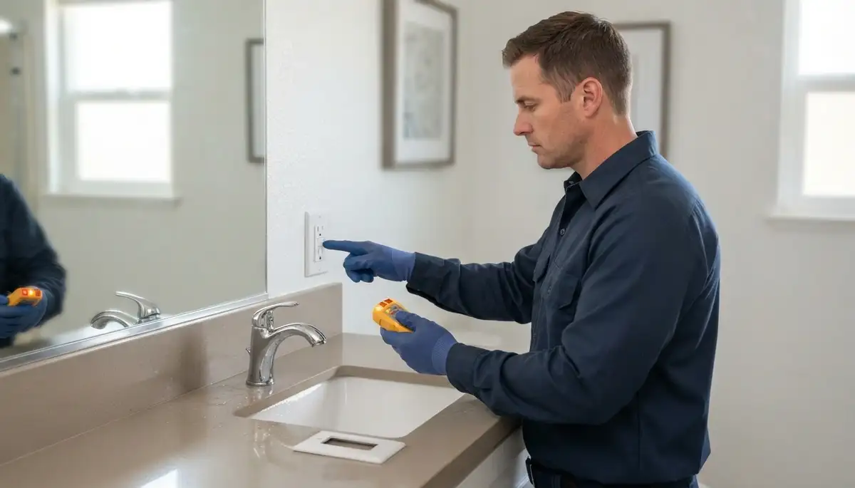 Electrician replacing a GFCI outlet for wet-area shock protection in a Carson, CA home