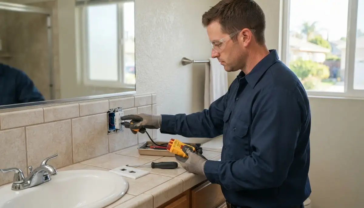 Electrician testing a GFCI outlet near a bathroom sink in Long Beach, CA