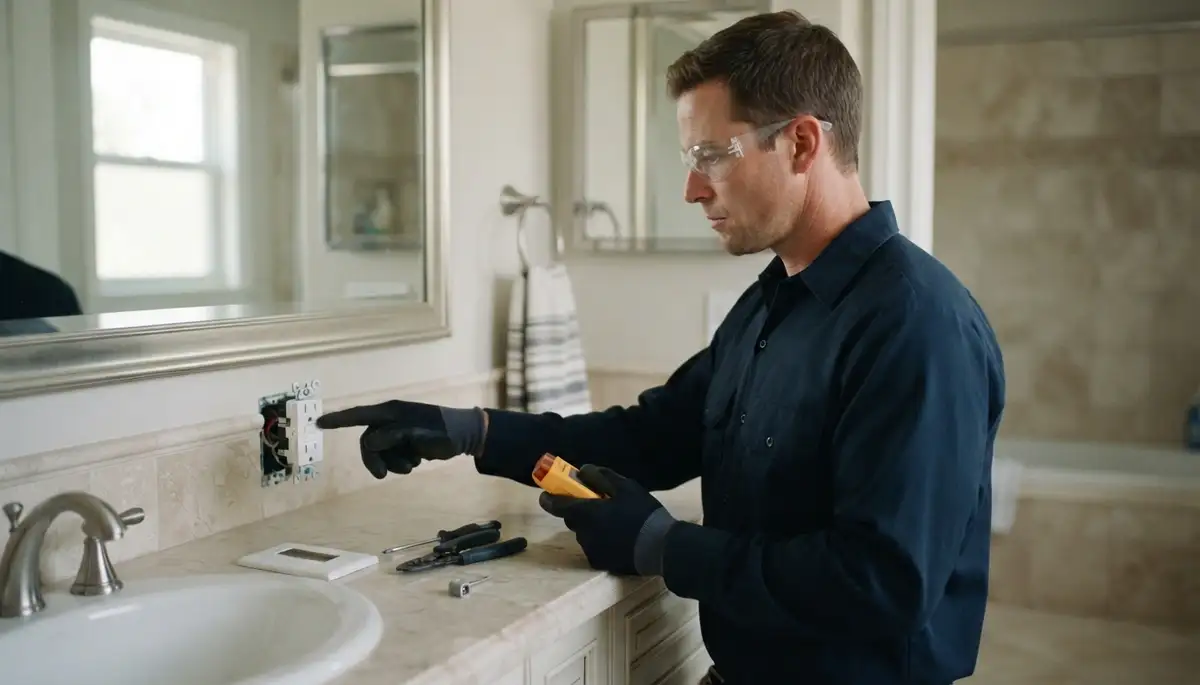Electrician-installed GFCI outlet providing shock protection in a Harbor City, CA bathroom