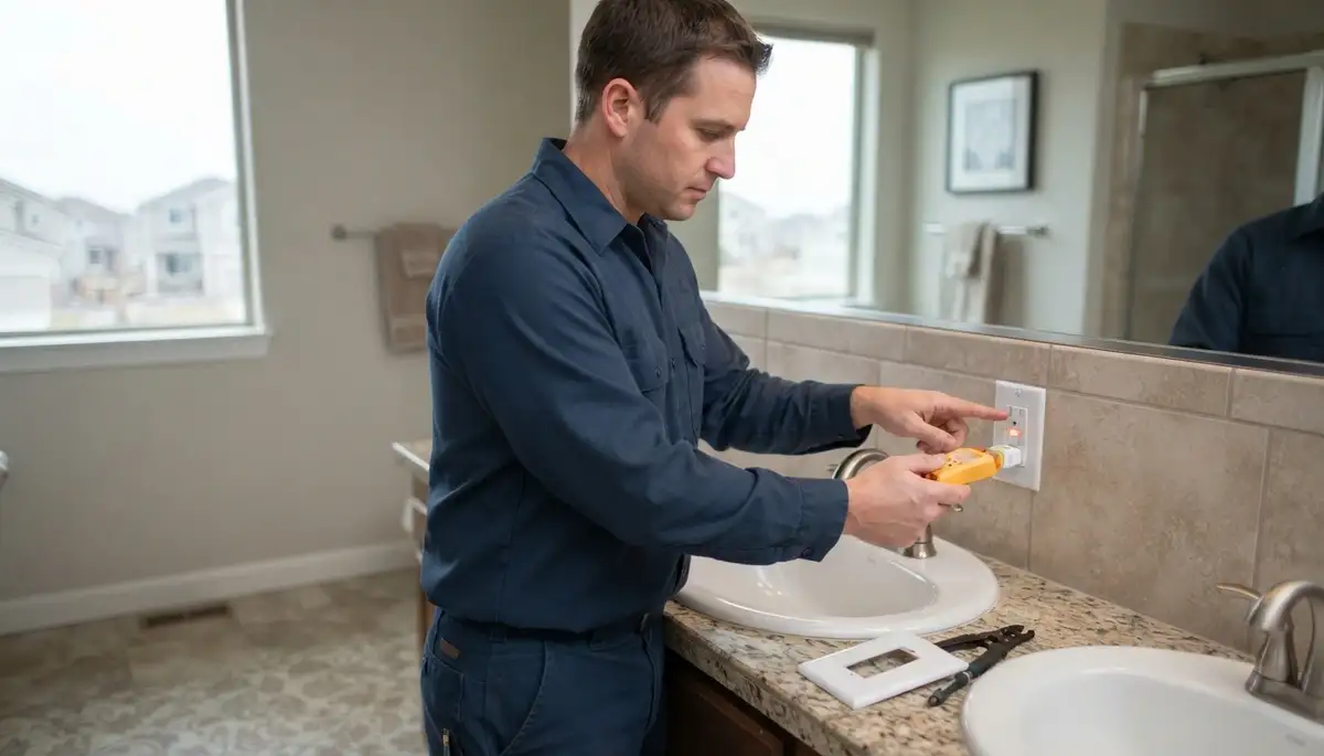 GFCI outlet providing ground-fault protection in a Lakewood, CA bathroom wet area