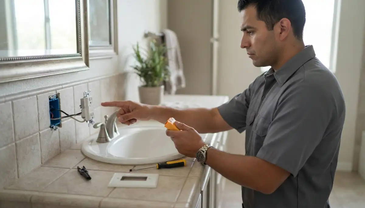 Electrician installs GFCI outlet near a bathroom sink in Long Beach, CA
