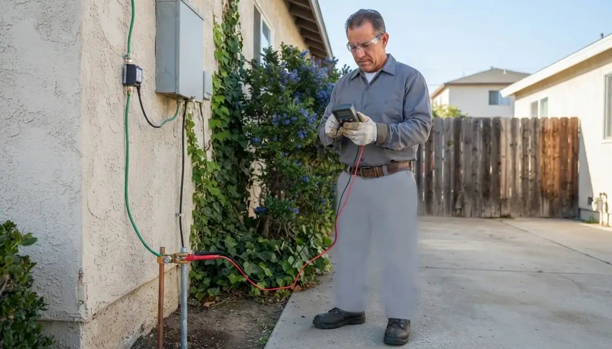 Electrician verifying ground path continuity with meter leads for surge protection in Long Beach, CA
