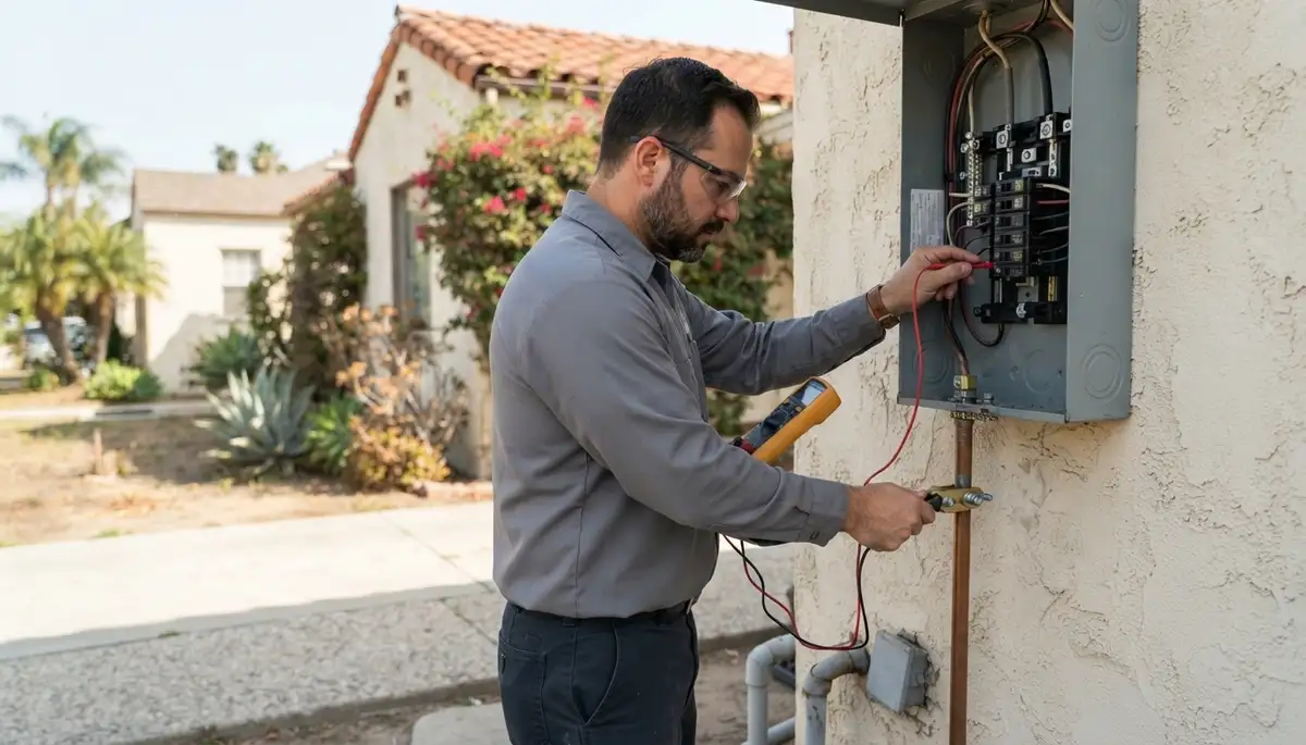 Electrician tests grounding and service voltage with a multimeter in a Long Beach, CA home