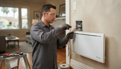 Electrician wiring a wall-mounted heater on a dedicated circuit in a Long Beach, CA home