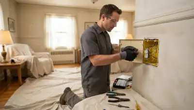 Residential electrician in Long Beach, CA performing circuit work with floors and furniture protected