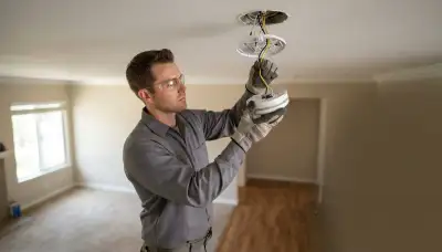 Electrician wiring an interconnected smoke detector to a ceiling base in a Long Beach, CA home