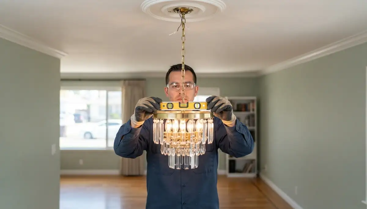 Electrician uses a spirit level to verify chandelier alignment and dimmer function in Long Beach, CA