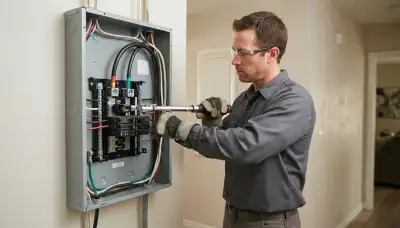 Electrician torqueing feeder conductors and bonding neutral-ground bars in a Long Beach, CA load center