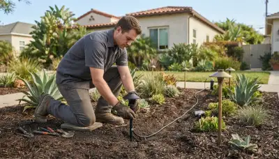 Electrician installing low-voltage landscape lights and burying cable in Long Beach, CA