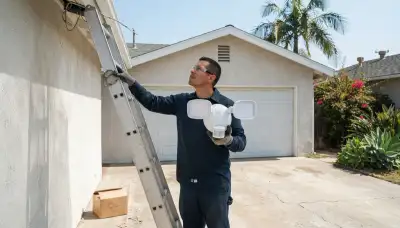 Electrician installs a motion-sensing security light on a Long Beach, CA garage using a ladder
