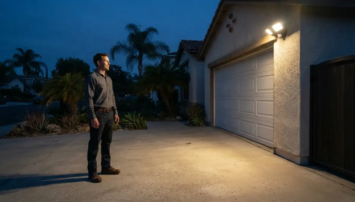 Technician tests a motion sensor security light illuminating a Long Beach, CA driveway at night