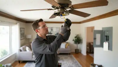 Electrician replacing a ceiling fan capacitor and wiring in a Long Beach, CA home