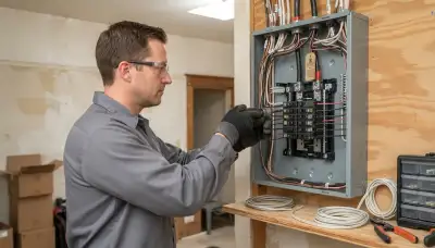 Electrician installing a new electrical load center during a panel upgrade in a Long Beach, CA home