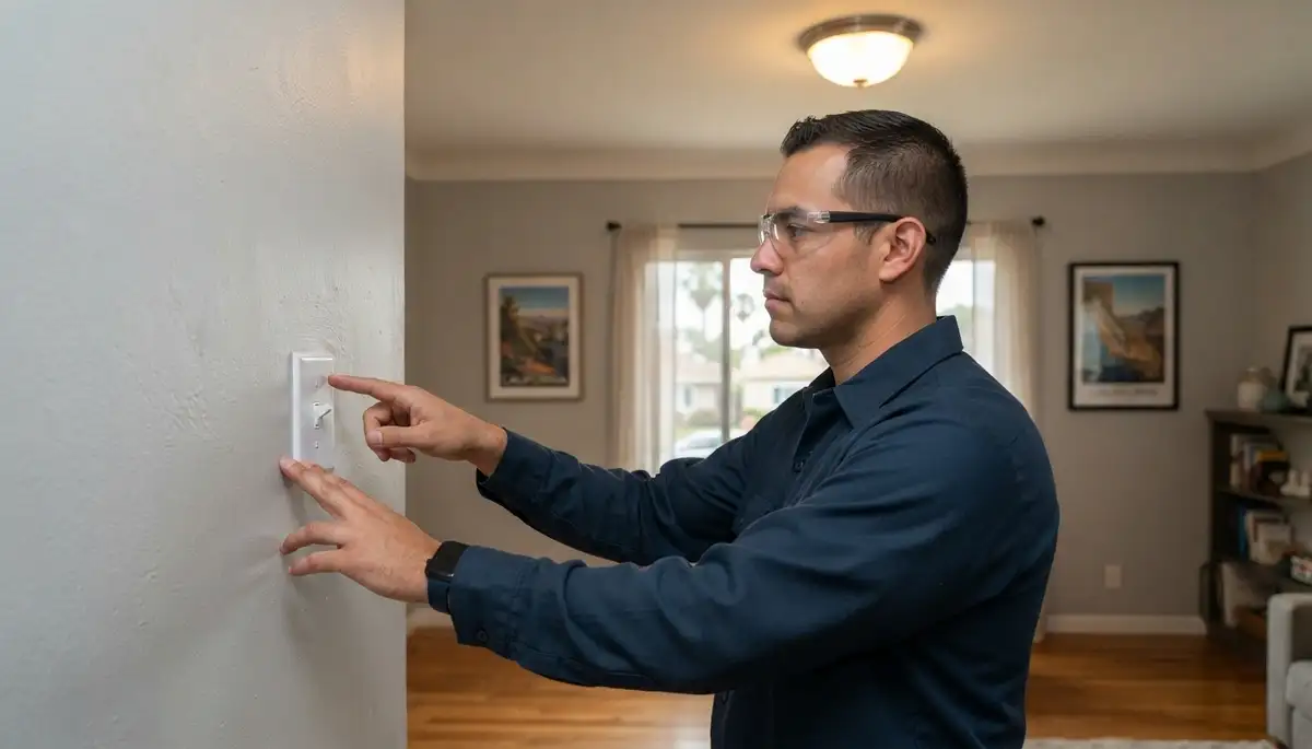 Electrician tests a newly installed light switch after repair in a Long Beach, CA home