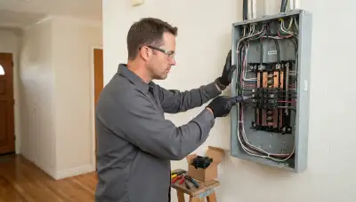 Licensed electrician installing a circuit breaker in a de-energized electrical panel in a Long Beach, CA home