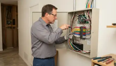 Technician wiring labeled zone conductors in a fire alarm control panel in a Long Beach, CA home