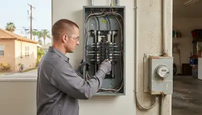 Electrician upgrading an electrical panel in an older Long Beach, CA home