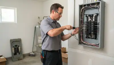 Electrician upgrading an electrical panel in an older Long Beach, CA home
