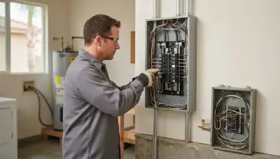 Electrician upgrading an older home's electrical panel in Long Beach, CA
