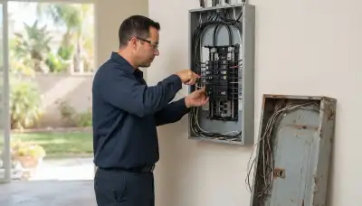Electrician upgrading an older home's electrical panel from 100 to 200 amps in Long Beach, CA