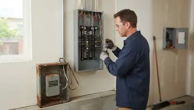 Electrician upgrading an electrical panel in an older Long Beach, CA home for modern power capacity