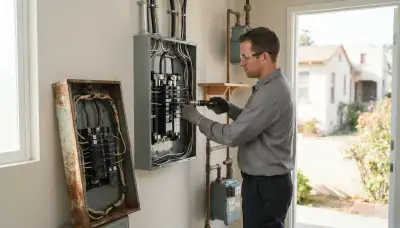 Electrician upgrading an electrical panel in an older Harbor City, CA home