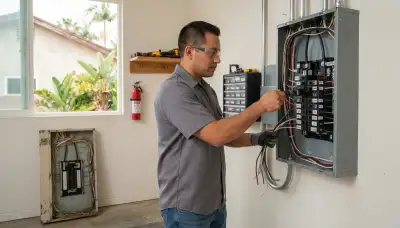 Electrician upgrading an electrical panel in an older Hawaiian Gardens, CA home