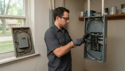 Electrician upgrading an electrical panel in an older Lakewood, CA home
