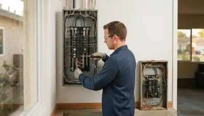 Electrician upgrading an outdated electrical panel in an older Lomita, CA home