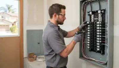 Electrician upgrading an older home's electrical panel in Los Alamitos, CA