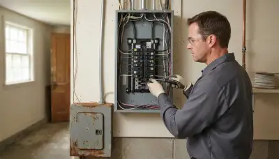 Electrician upgrading an electrical panel in an older Long Beach, CA home