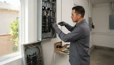 Electrician upgrading an electrical panel in an older Long Beach, CA home