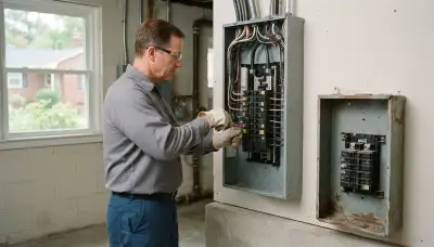 Electrician upgrading an electrical service panel in an older Wilmington, CA home