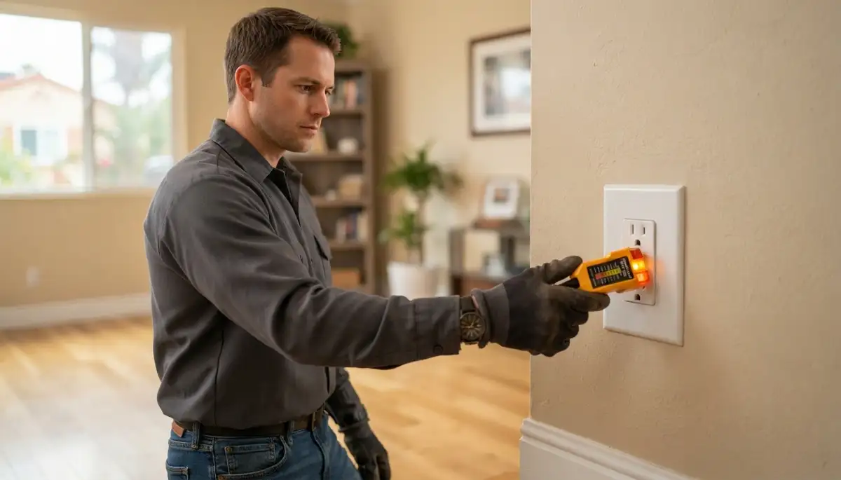 Electrician tests outlet polarity and grounding after repair in Long Beach, CA