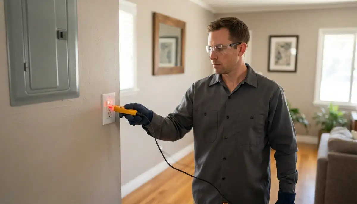 Electrician tests a repaired outlet with a voltage tester in a Long Beach, CA home
