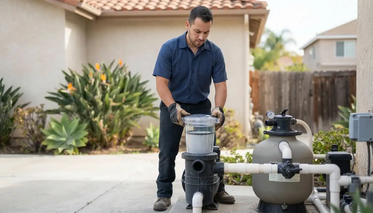 Technician closes pool pump strainer lid to verify water flow in Long Beach, CA