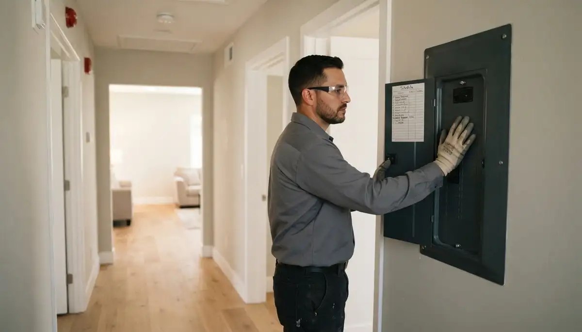 Long Beach, CA electrician verifies finished electrical panel during a final completion walkthrough